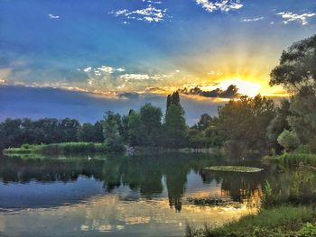 Scenic view of lake against sky at sunset