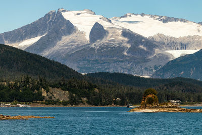 Scenic view of lake by mountains against sky