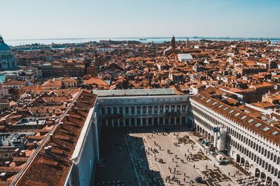 High angle view of buildings in city