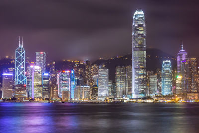 Illuminated buildings against sky at night