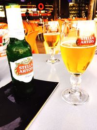 Close-up of beer in glass on table