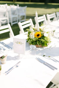 White flowers on table at restaurant