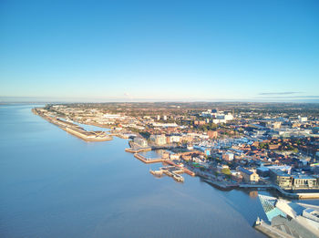 Drone view of sunrise at the marina in hull, east yorkshire, uk