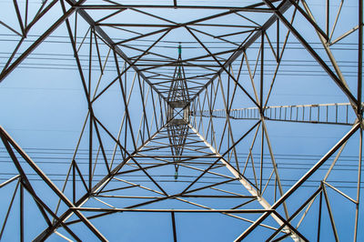 Low angle view of electricity pylon against clear sky