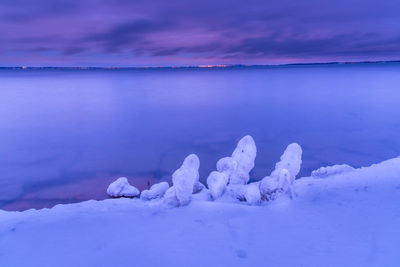 Scenic view of frozen sea against sky during sunset