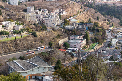 High angle view of buildings in town