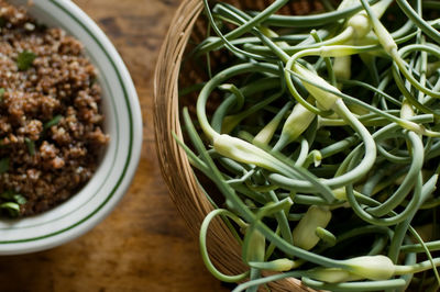 High angle view of chive buds and food on table