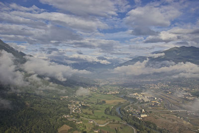 High angle view of trees on field against sky