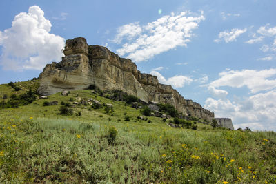 Scenic view of rocks on field against sky