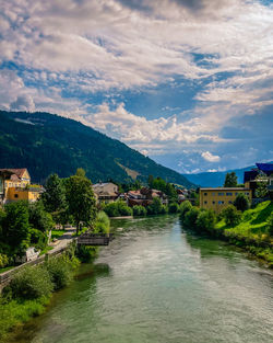 Scenic view of river amidst mountains against sky