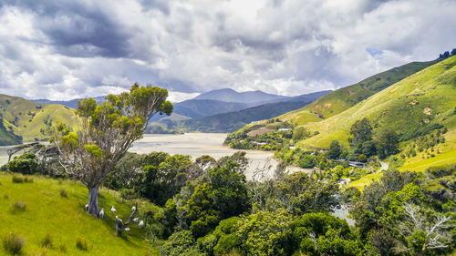 Scenic view of landscape and mountains against sky