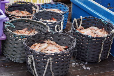 High angle view of fish in basket for sale