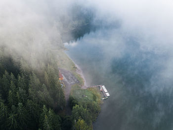 High angle view of trees on mountain against sky