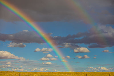 Scenic view of rainbow over field against sky