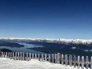 Scenic view of snowcapped mountains and lake against clear blue sky