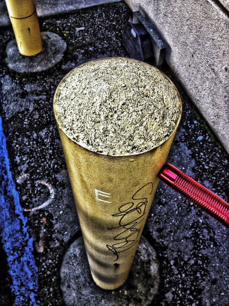 high angle view, still life, close-up, metal, metallic, no people, day, text, street, table, outdoors, food and drink, directly above, container, communication, part of, variation, equipment, old