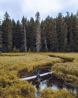 Man resting on log over stream amidst field