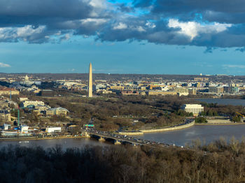 High angle view of buildings against cloudy sky