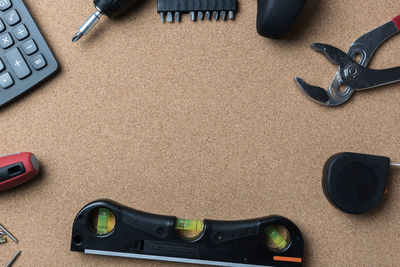 High angle view of various objects on table