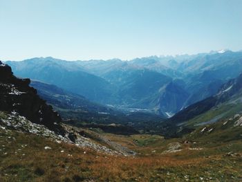 Scenic view of mountains against clear sky