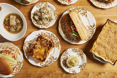 High angle view of meal served on table