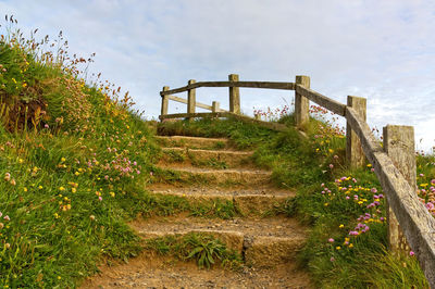 Staircase on footpath against sky