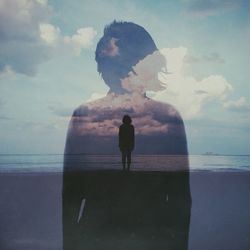 Multiple exposure of woman on beach against cloudy sky