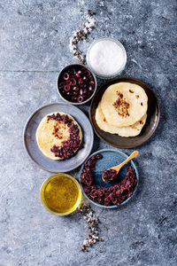 High angle view of fruits served on table