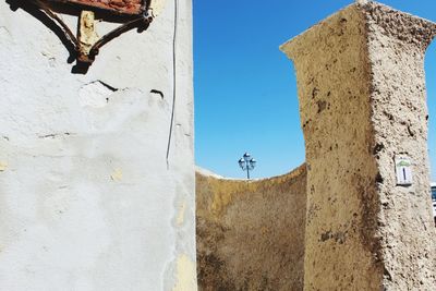 Low angle view of old building against clear blue sky