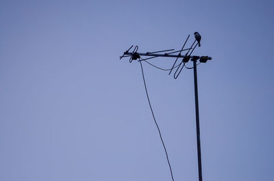 Low angle view of bird perching on antenna against clear sky