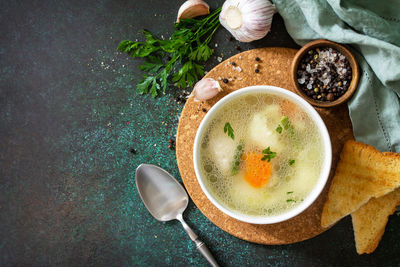 High angle view of soup in bowl on table