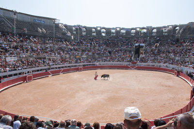 High angle view of people looking at stadium