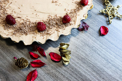 High angle view of dessert on table