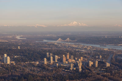 High angle view of city at sunset