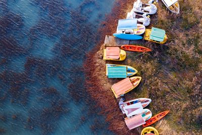 High angle view of boats on beach