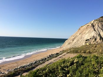 Scenic view of sea against clear blue sky