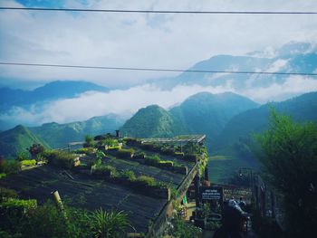 High angle view of mountain range against sky