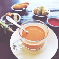 High angle view of breakfast served on table