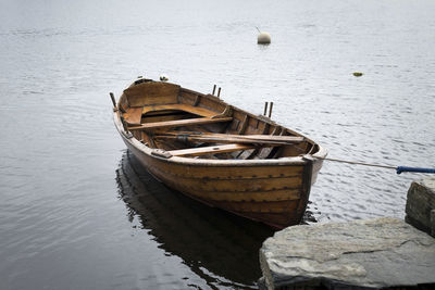 High angle view of abandoned boat moored at sea