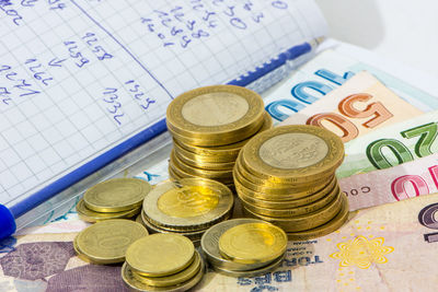 High angle view of coins on table