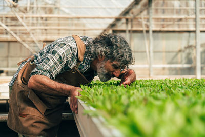 Rear view of man working at farm