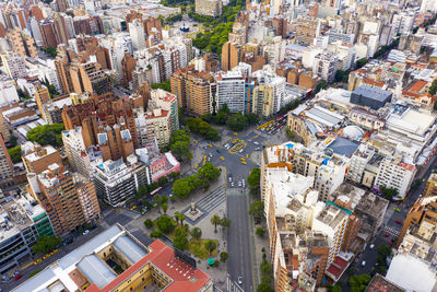 High angle view of modern buildings in city