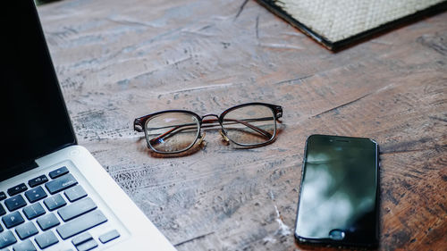 High angle view of eyeglasses on table