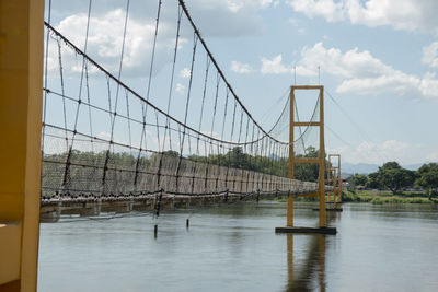 Bridge over river by buildings against sky