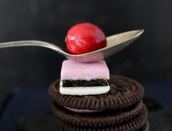 Close-up of strawberry cake on table