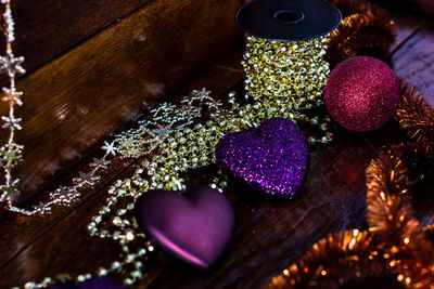 High angle view of christmas decorations on table