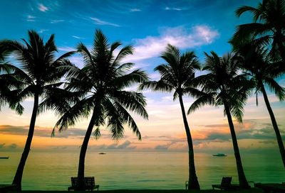 Silhouette palm tree by sea against sky