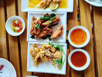 High angle view of meal served on table