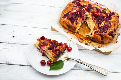 High angle view of cake in plate on table