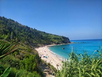 Scenic view of sea against clear blue sky